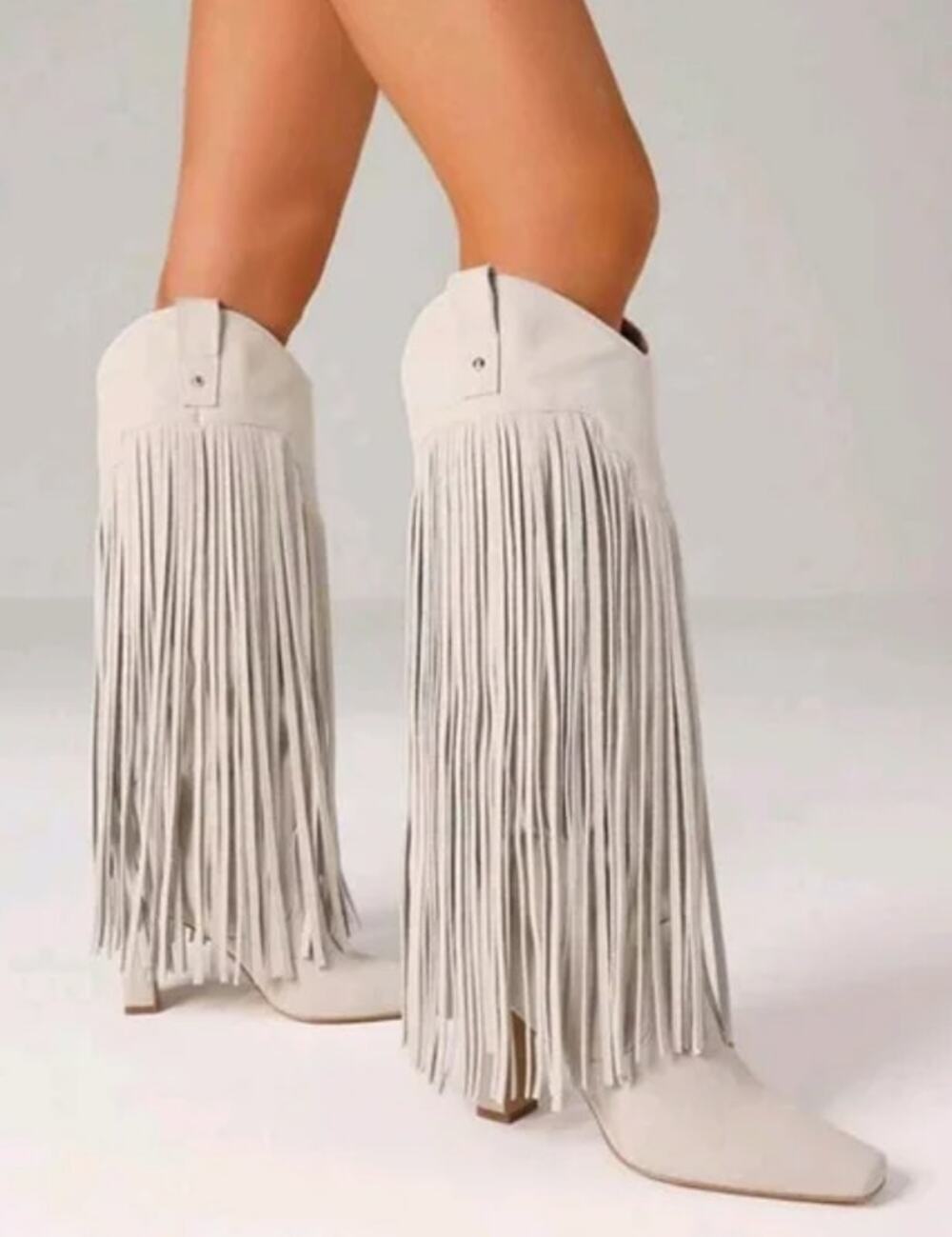 Vince Camuto Shela Fringe Knee High Boots 9 Wide XW CALF White Leather EUC